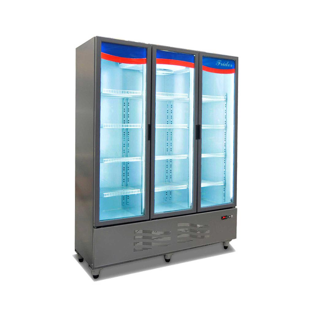 Exhibidora Vertical Media Temperatura Modelo FRIDER - 3 Puertas con Marco Plastico - 12 Estantes - Equipo inferior 1/3 HP