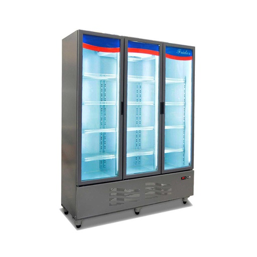 [EVFP3] Exhibidora Vertical Media Temperatura Modelo FRIDER - 3 Puertas con Marco Plastico - 12 Estantes - Equipo inferior 1/3 HP